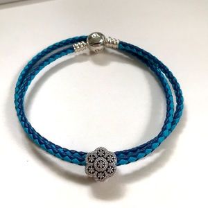 Pandora blue mixed leather bracelet w/ice floral